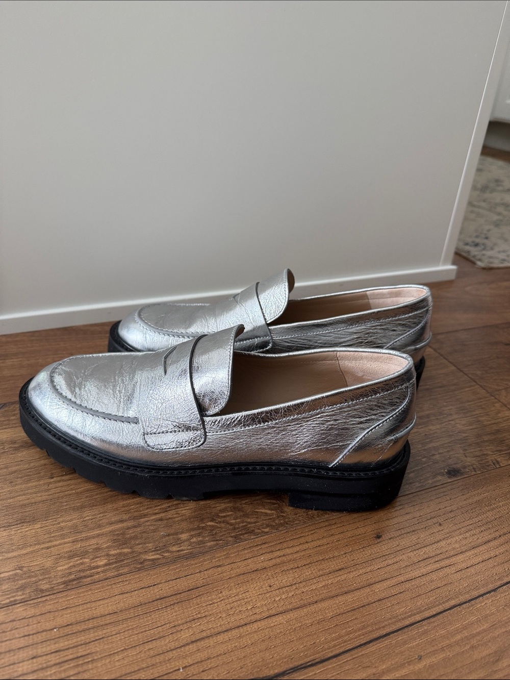 Stuart Weitzman Silver Metallic Penny Loafers with Black Sole